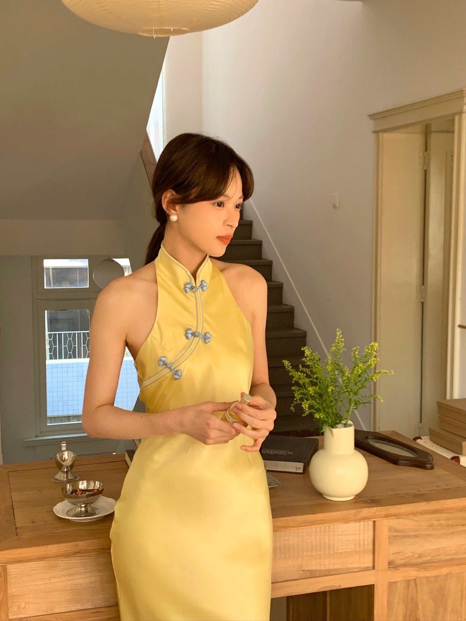 Citrine Silk Halter Qipao Dress