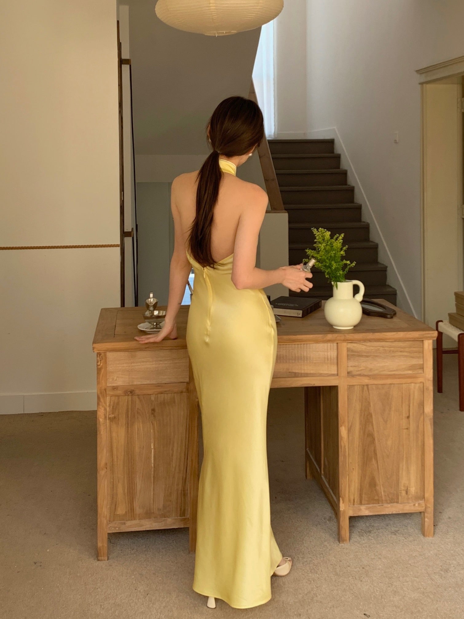 Citrine Silk Halter Qipao Dress