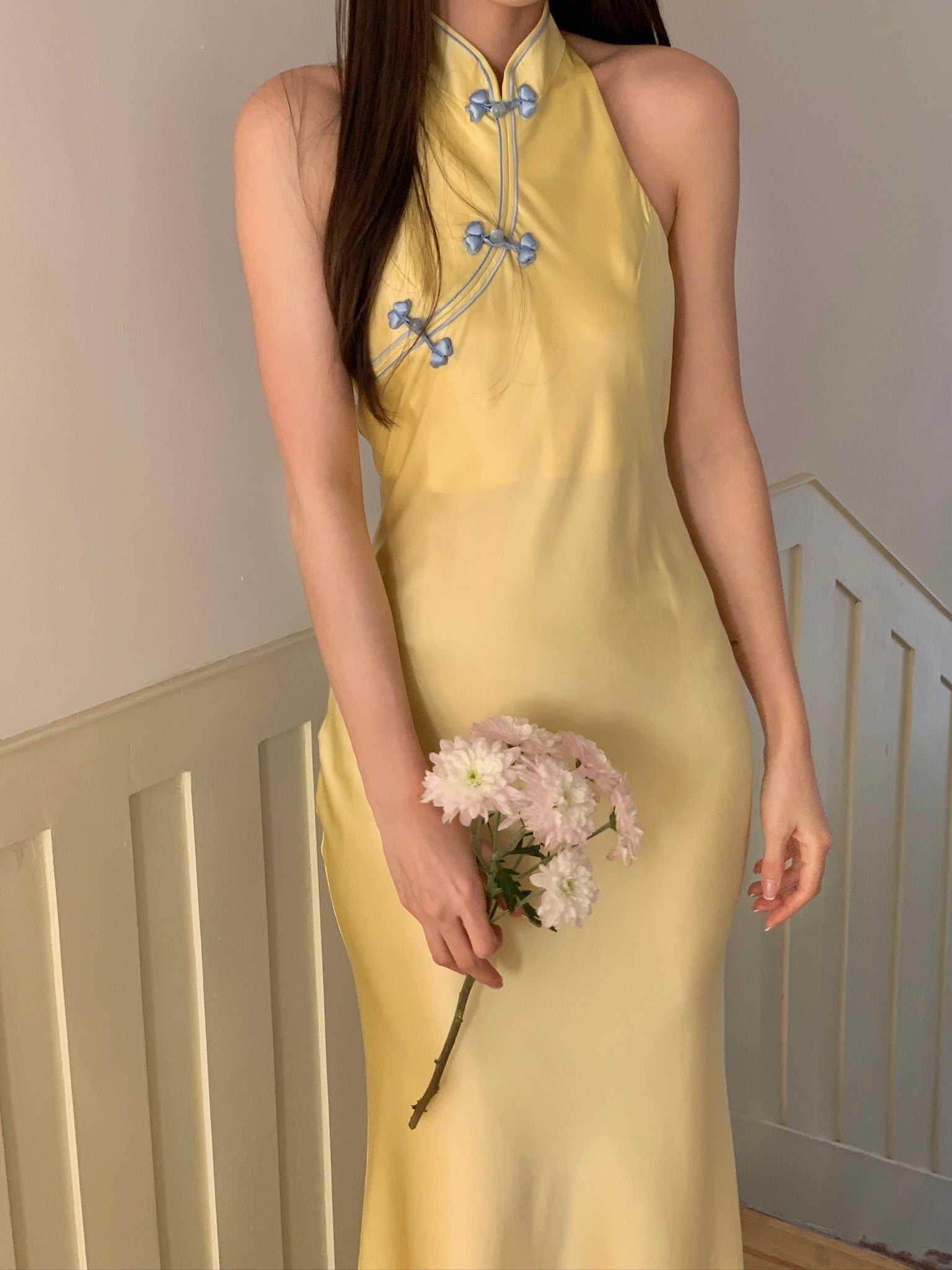 Citrine Silk Halter Qipao Dress