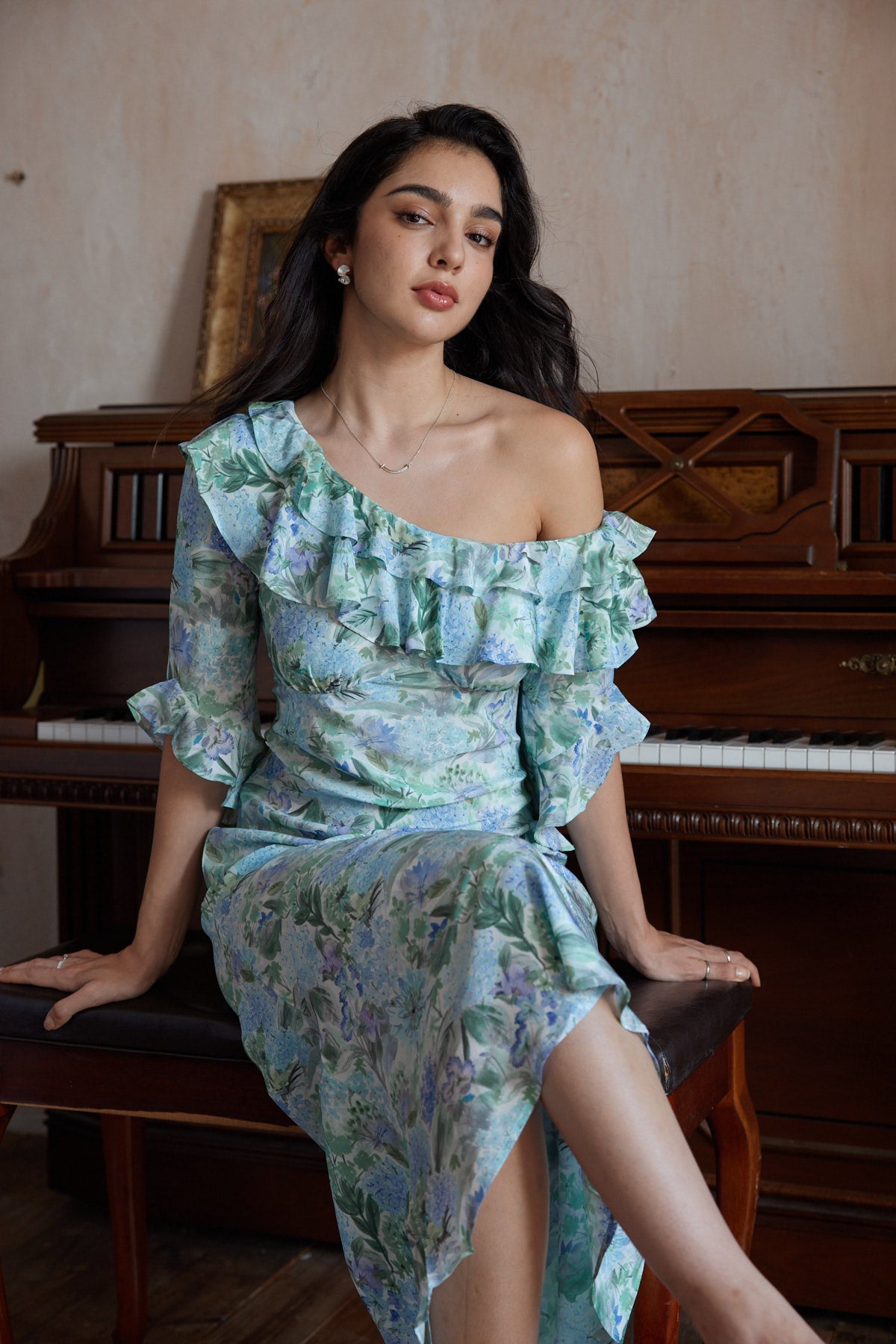 Ardennes Off Shoulder Silk Midi Dress in Watercolor Field