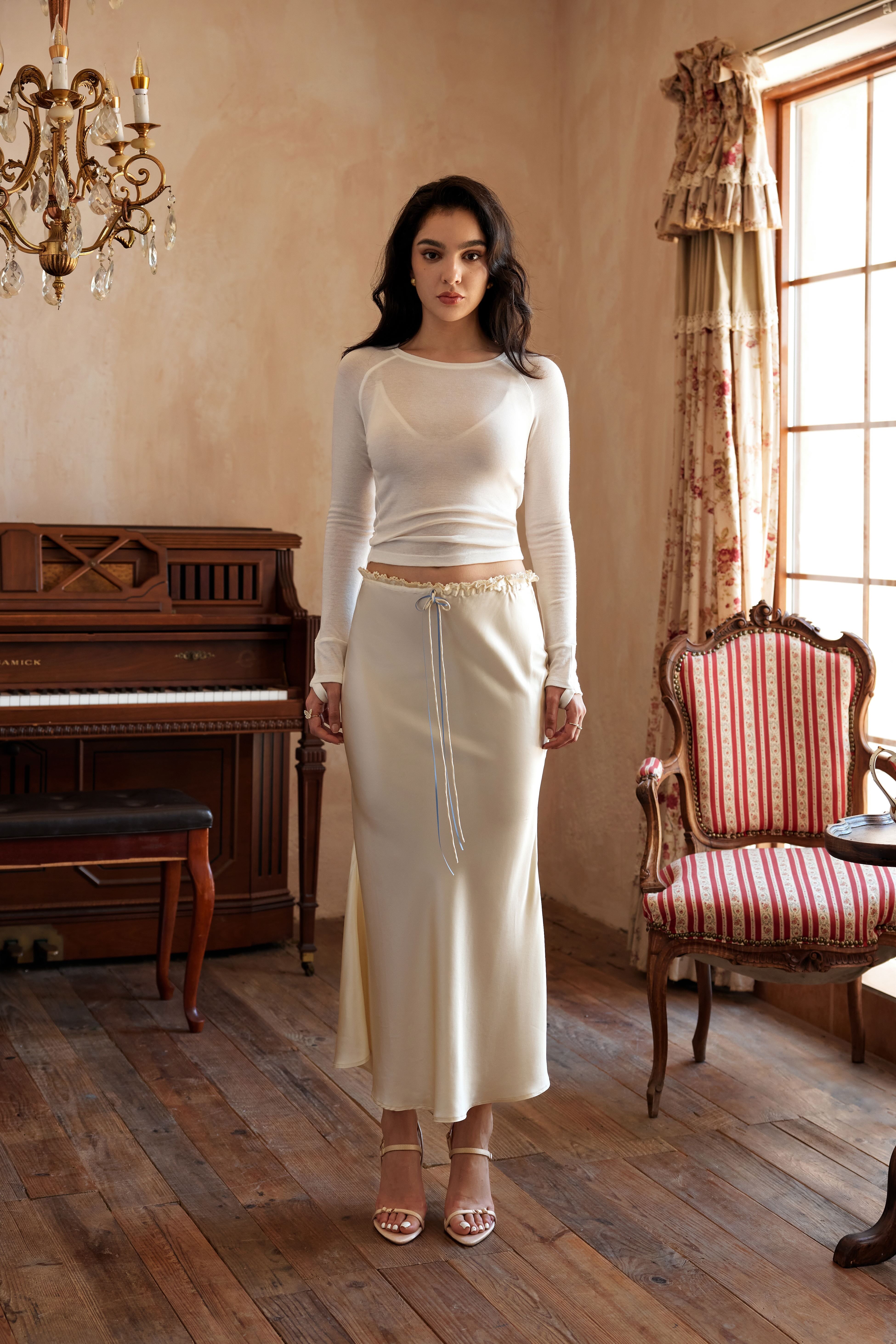 Sofia Silk Champagne Midi Skirt