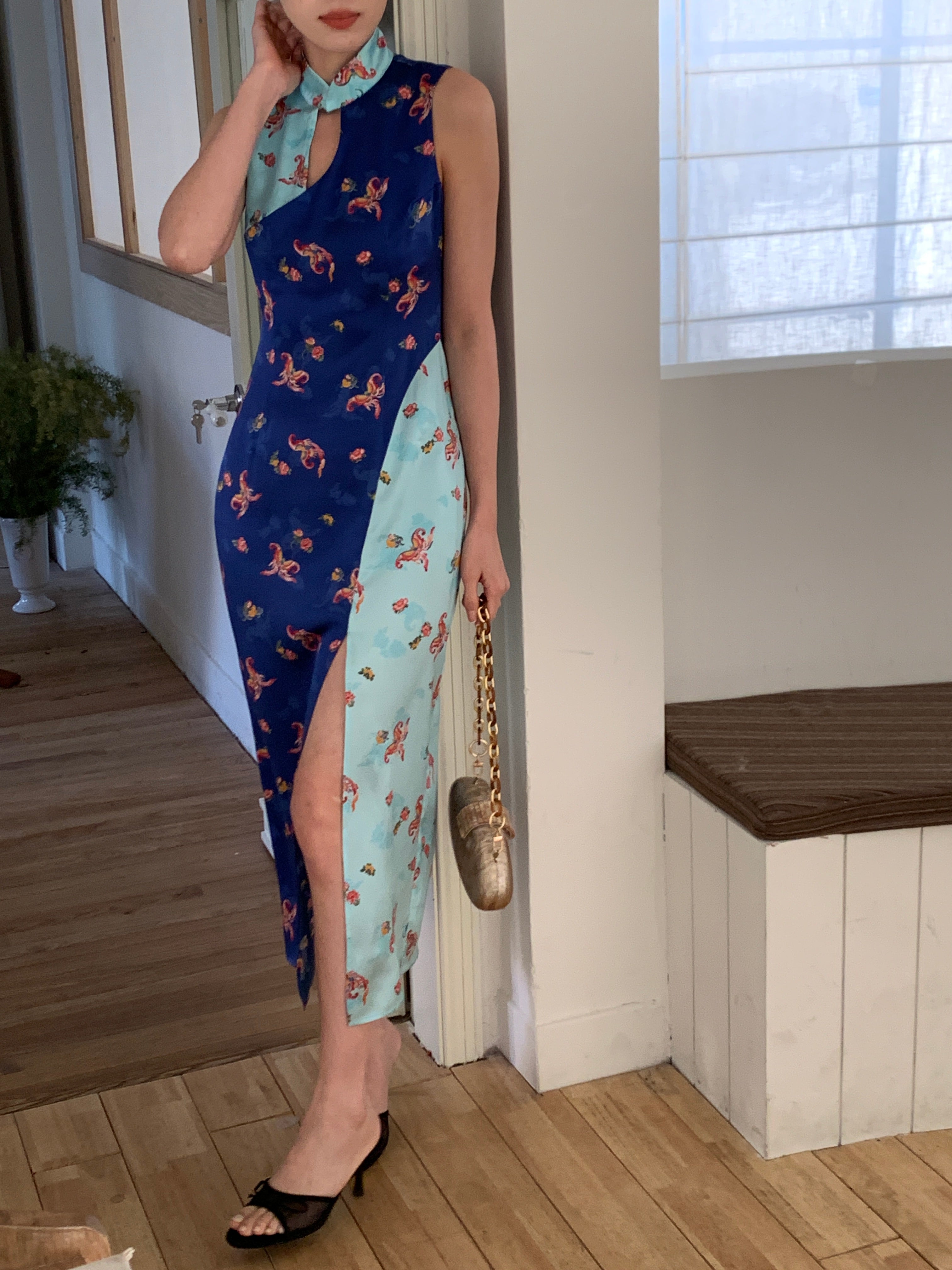 Sapphire Midi Silk Qipao Dress