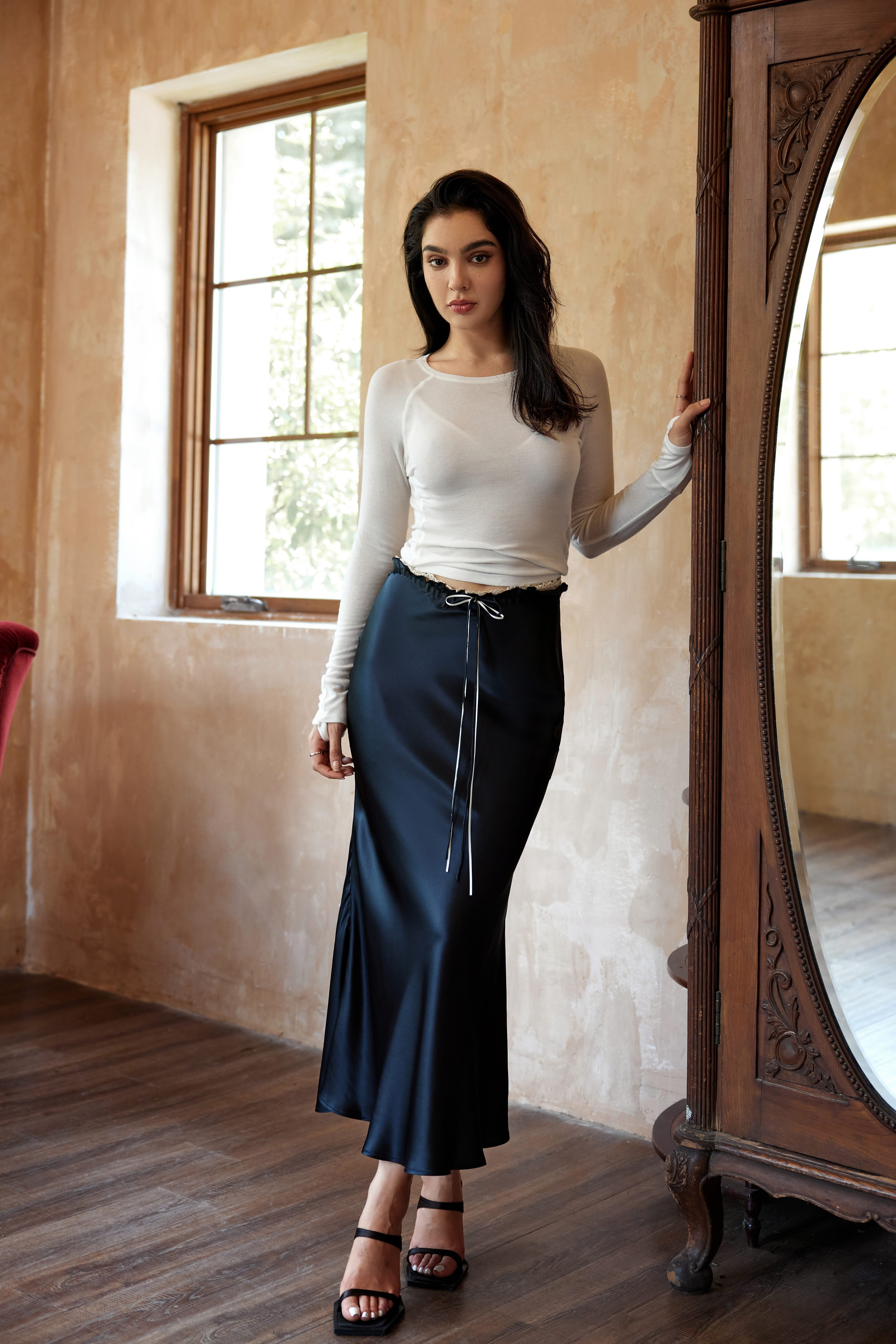 Sofia Silk Black Midi Skirt