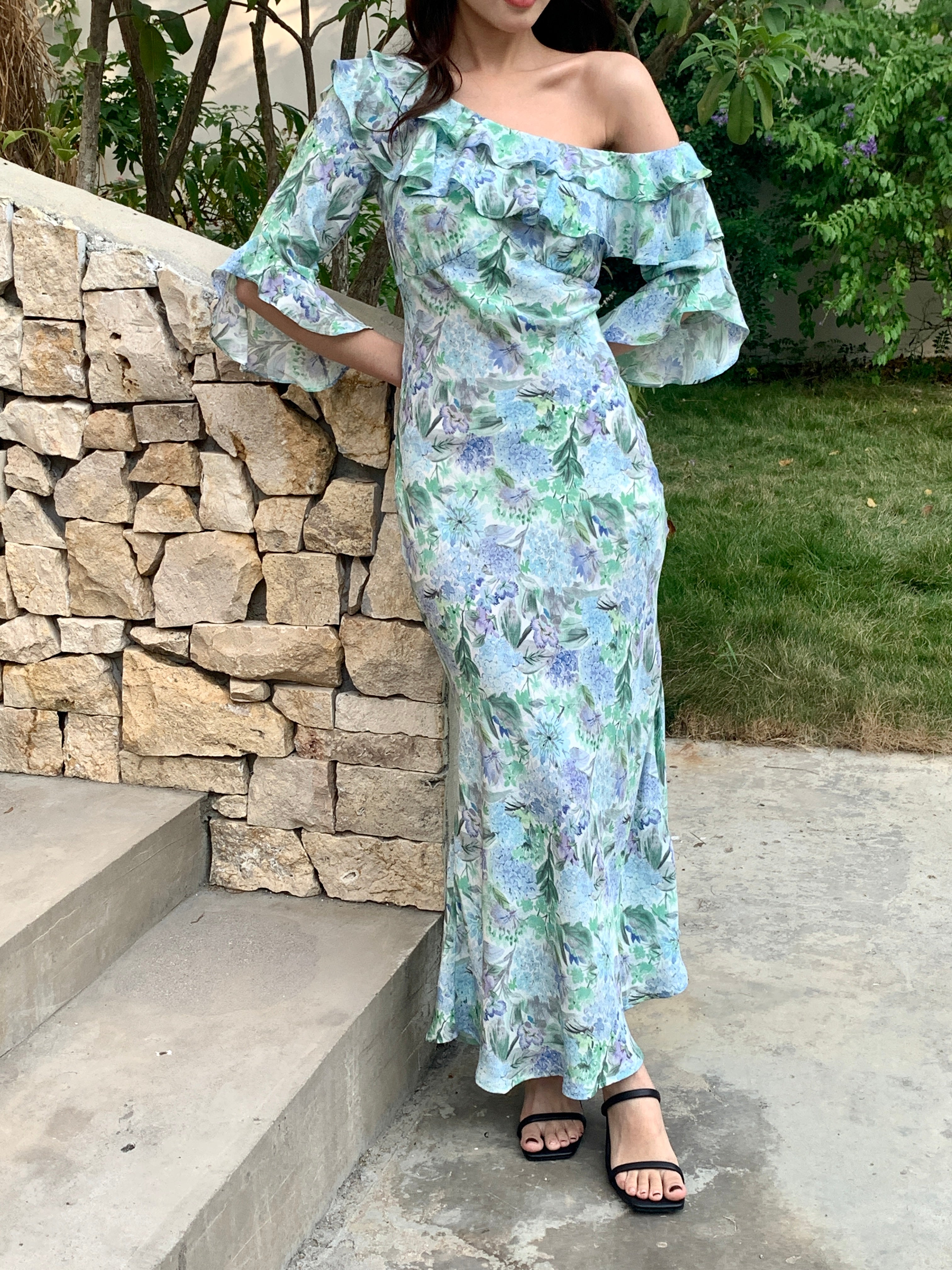 Ardennes Off Shoulder Silk Midi Dress in Watercolor Field